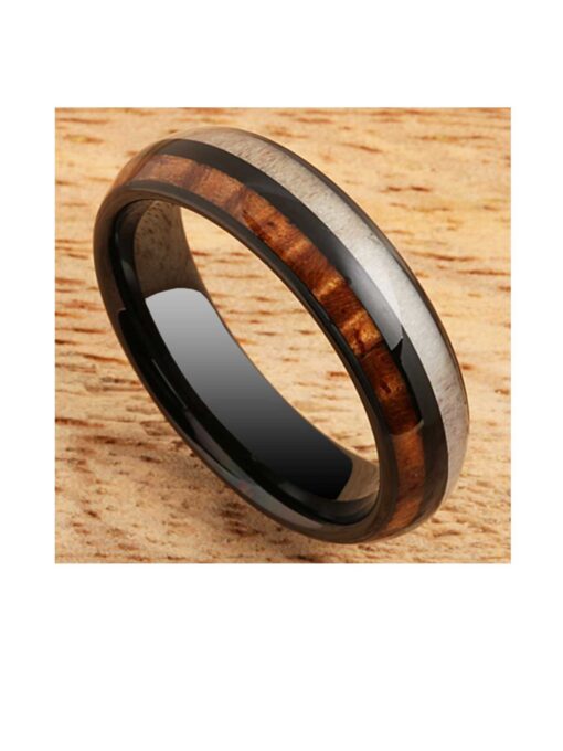 Koa Wood & Antler Black Tungsten Ring 6mm