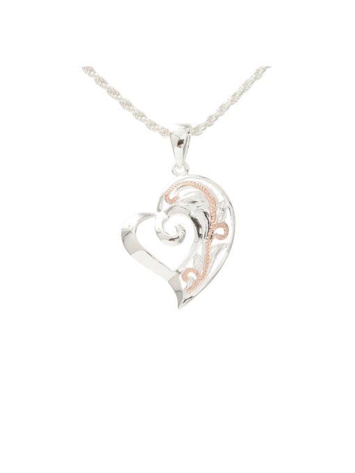 925 Sterling Silver 14K Pink Gold Plated Heart See Through Scrolling Pendant