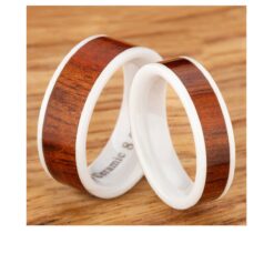 Hawaiian White Ceramic Koa Wood Wedding Ring (Pair)