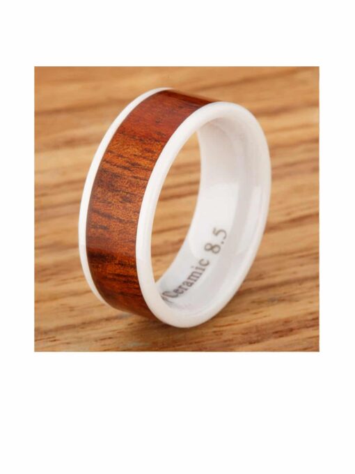 Hawaiian White Ceramic Koa Wood Wedding Ring (Pair)