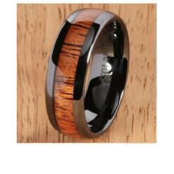 Black Ceramic Ring with Hawaiian Koa Wood Inlay 8mm